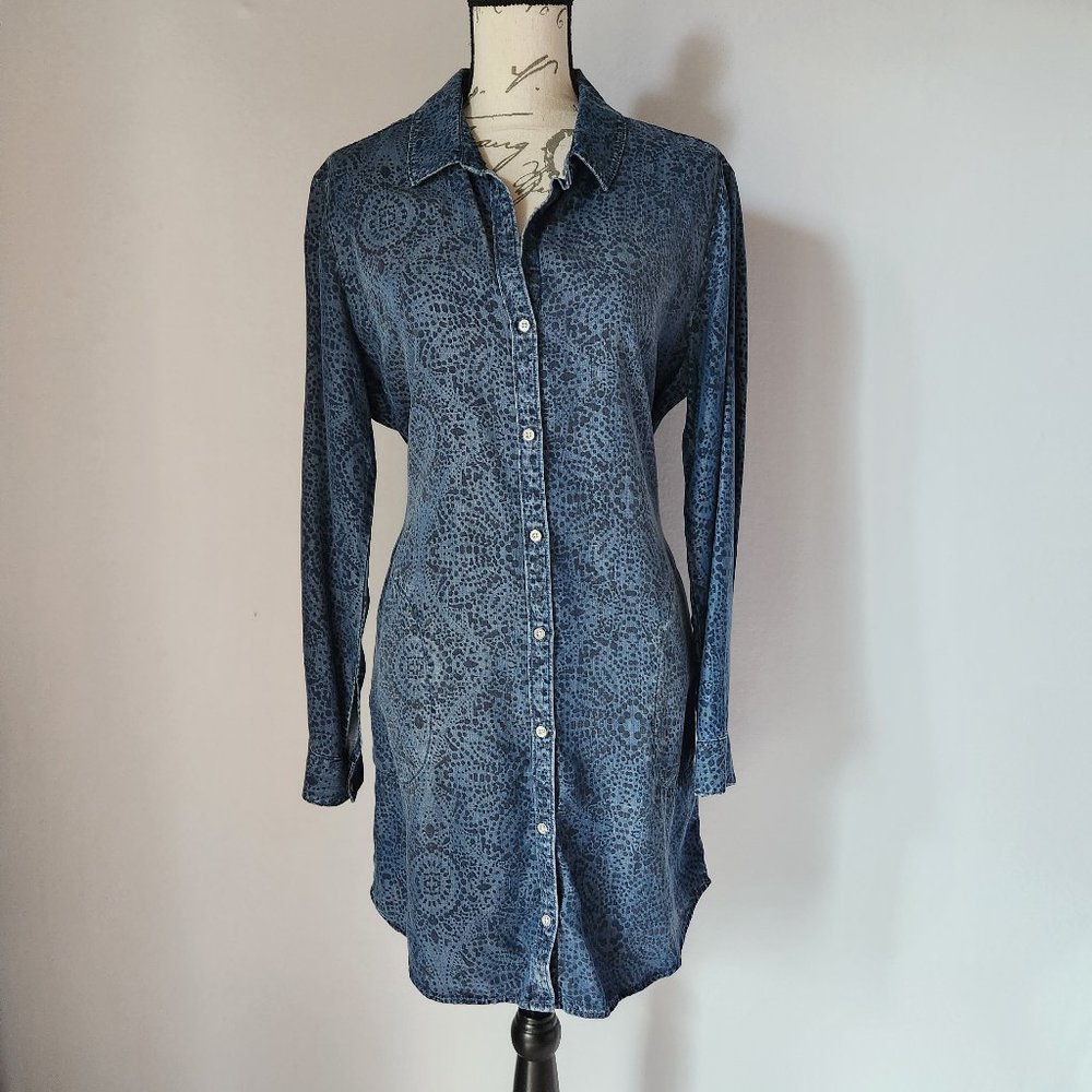 Cloth & Stone Anthropologie Blue Chambray Floral Shirt Dress Tie Waist Tencel - Picture 2 of 11